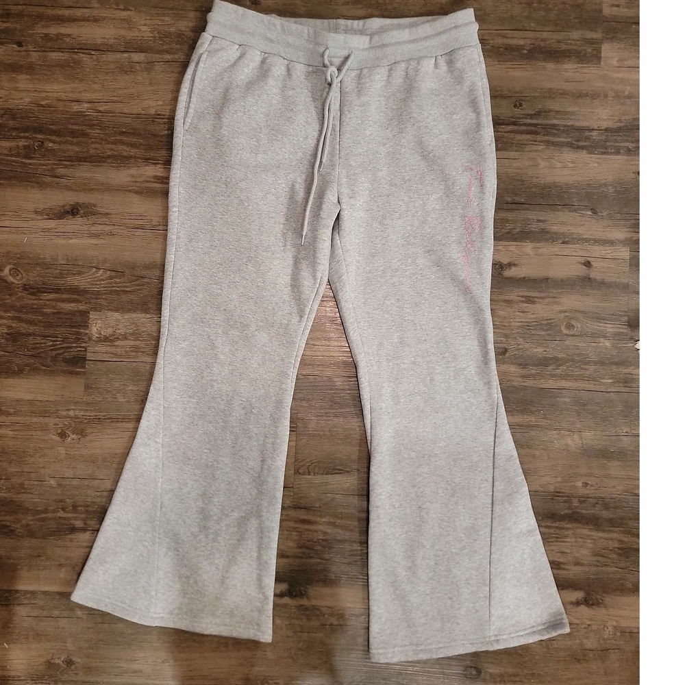 True Religion Heather Gray Pink Glitter Logo Flare Sweatpants XL Womens